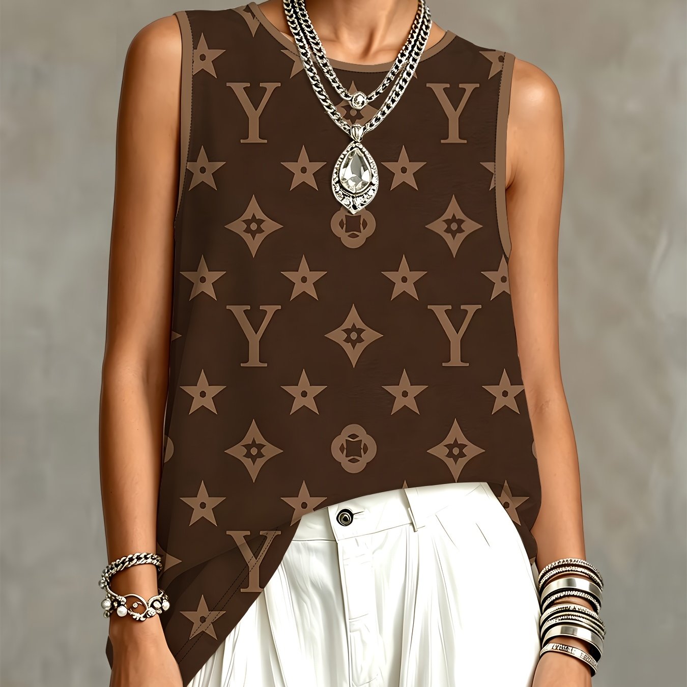 TEMU Brown Printed Sleeveless Top Women's Summer Fashion Trendy Women's Clothing