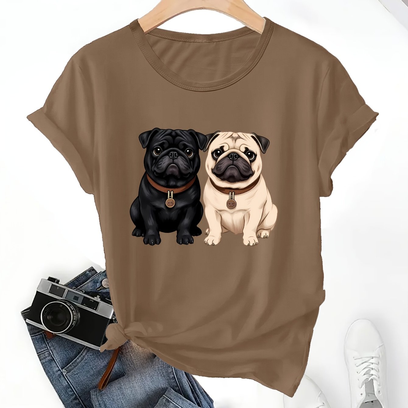 TEMU Adorable Pug Dog Print, Full Of . A Stylish And Comfortable Short-sleeve T-shirt For Women With A Unique Graphic Design, Perfect For Casual