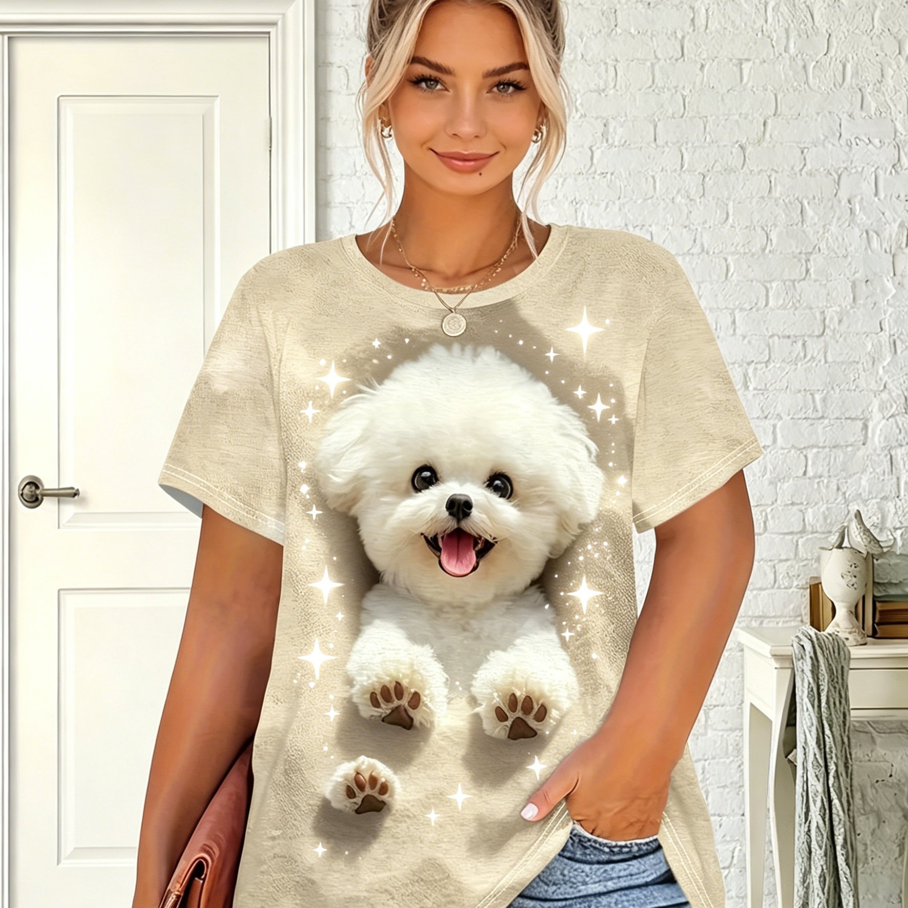 TEMU Plus Size, Flat Print Soft And Cute Bichon Frise Puppy, And, Soft Apricot Tone, Gentle And To , Breathable And Skin-friendly Simple T-shirt,