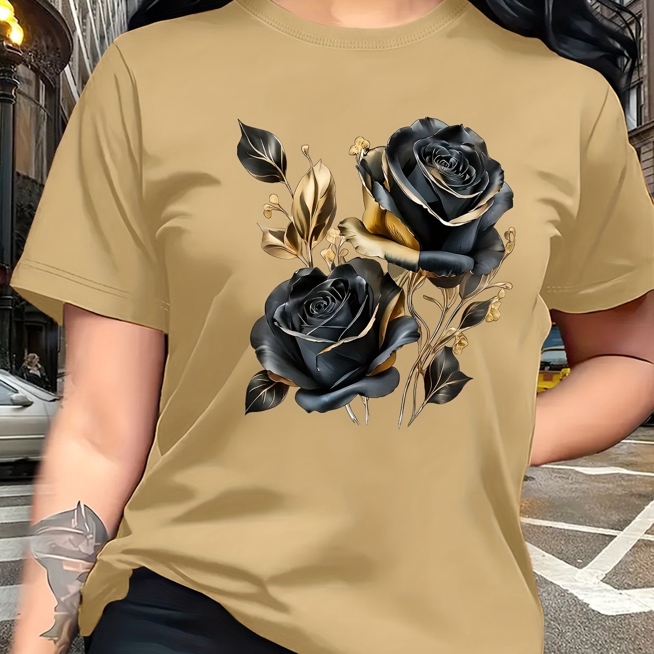 TEMU A Stylish And Breathable T-shirt Featuring A Luxurious Vintage Design With A Black And Golden Rose Pattern, Perfect For Family Trips, , Casual,