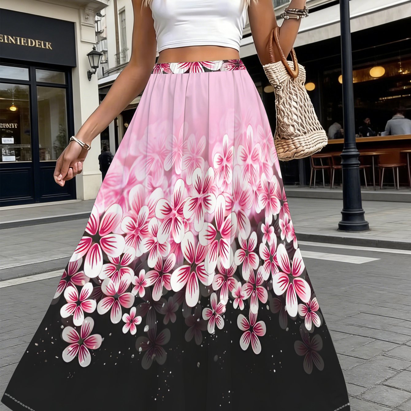 TEMU Women's Plus Size Floral Print Maxi Skirt, Perfect For Beach, Casual , Parties, And Everyday Wear, Featuring Gradient Pink Blossoms, Lightweight