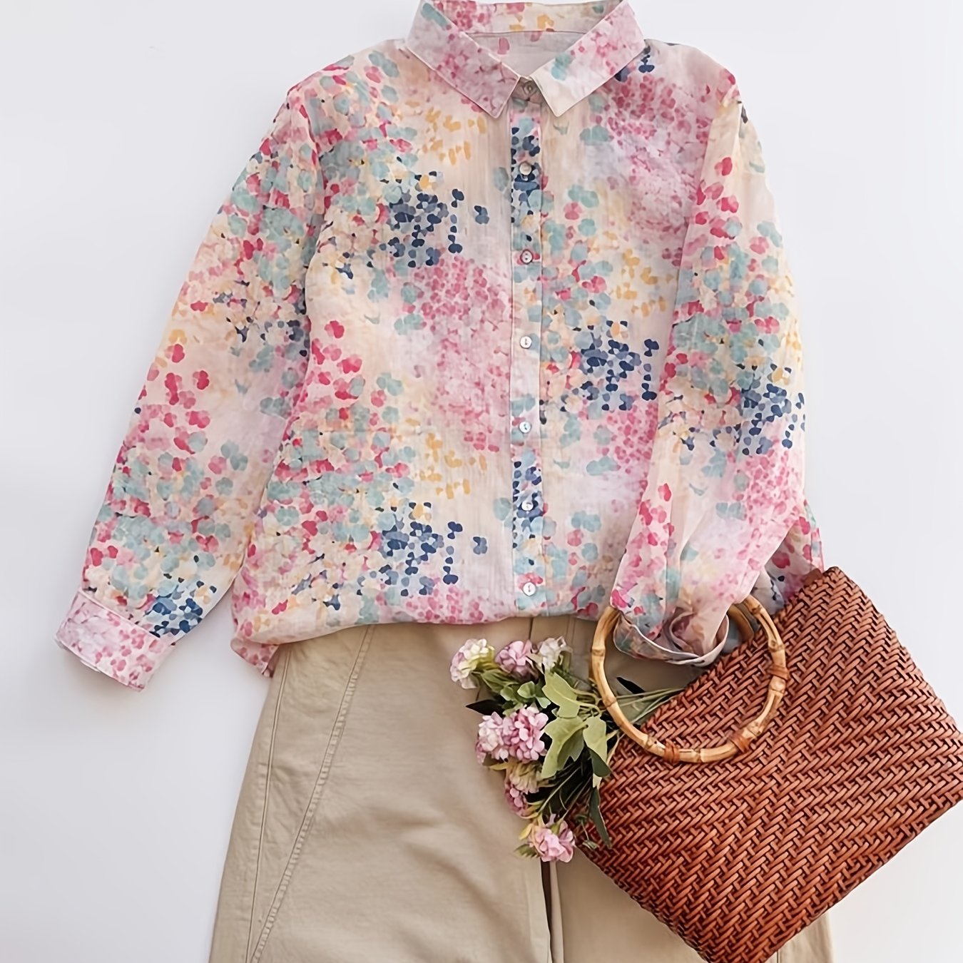 2026 Spring Summer Women's Floral Print Long Sleeve Shirts Casual Button Blouses Vintage Collared Tops Soft Breathable Lightweight Aesthetic Vacation