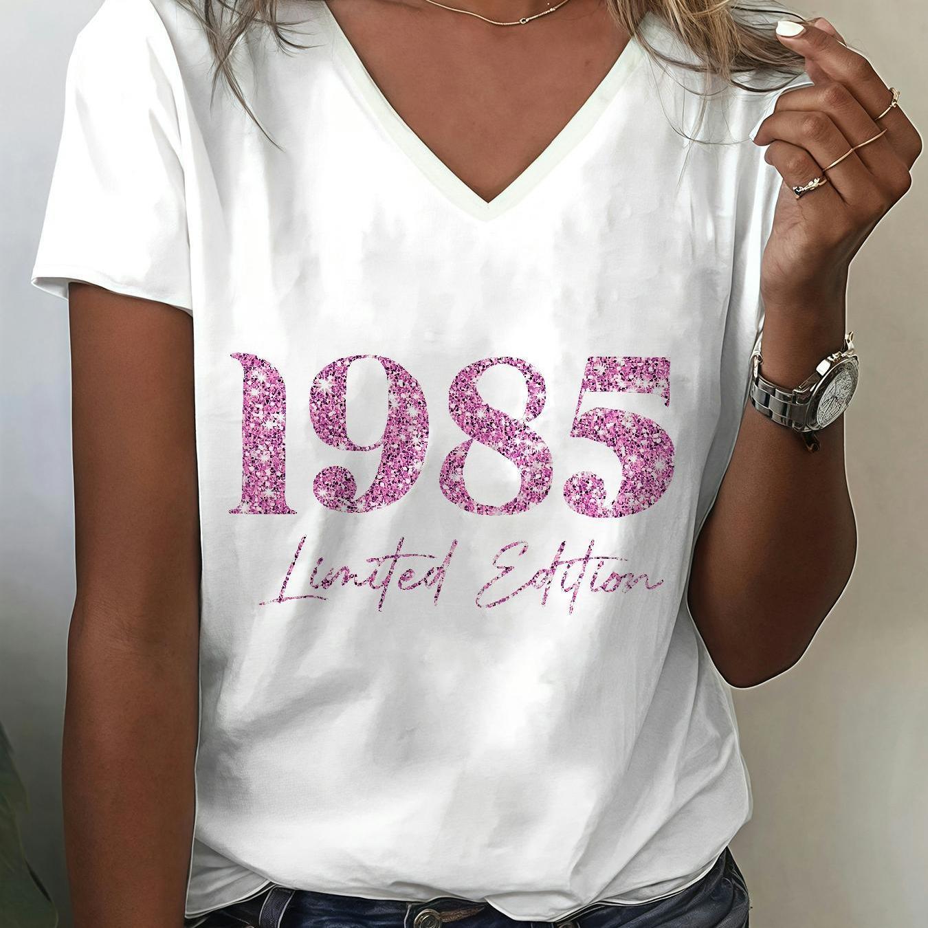 TEMU Women's Vintage 1985 Edition Glitter Print V-neck T-shirt - 80s Retro 2d Flat Short Sleeve Top, Machine Washable Casual Fall Tee With Pink 85