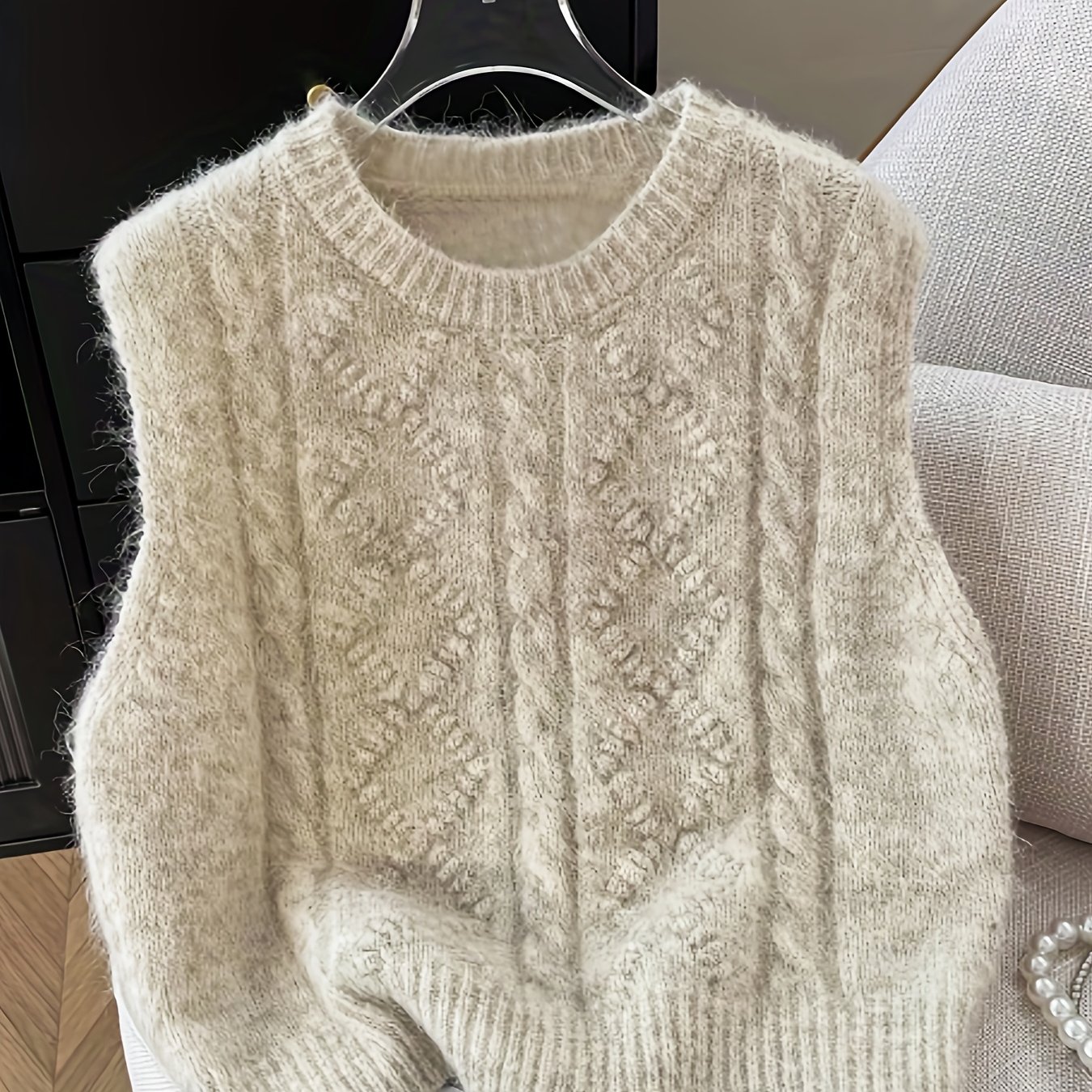 1pc Light Gray Wool Crewneck Vest With Cable Design, Suitable For Daily Layering, Vintage Soft Style, Perfect For Fashionable Women. Yt