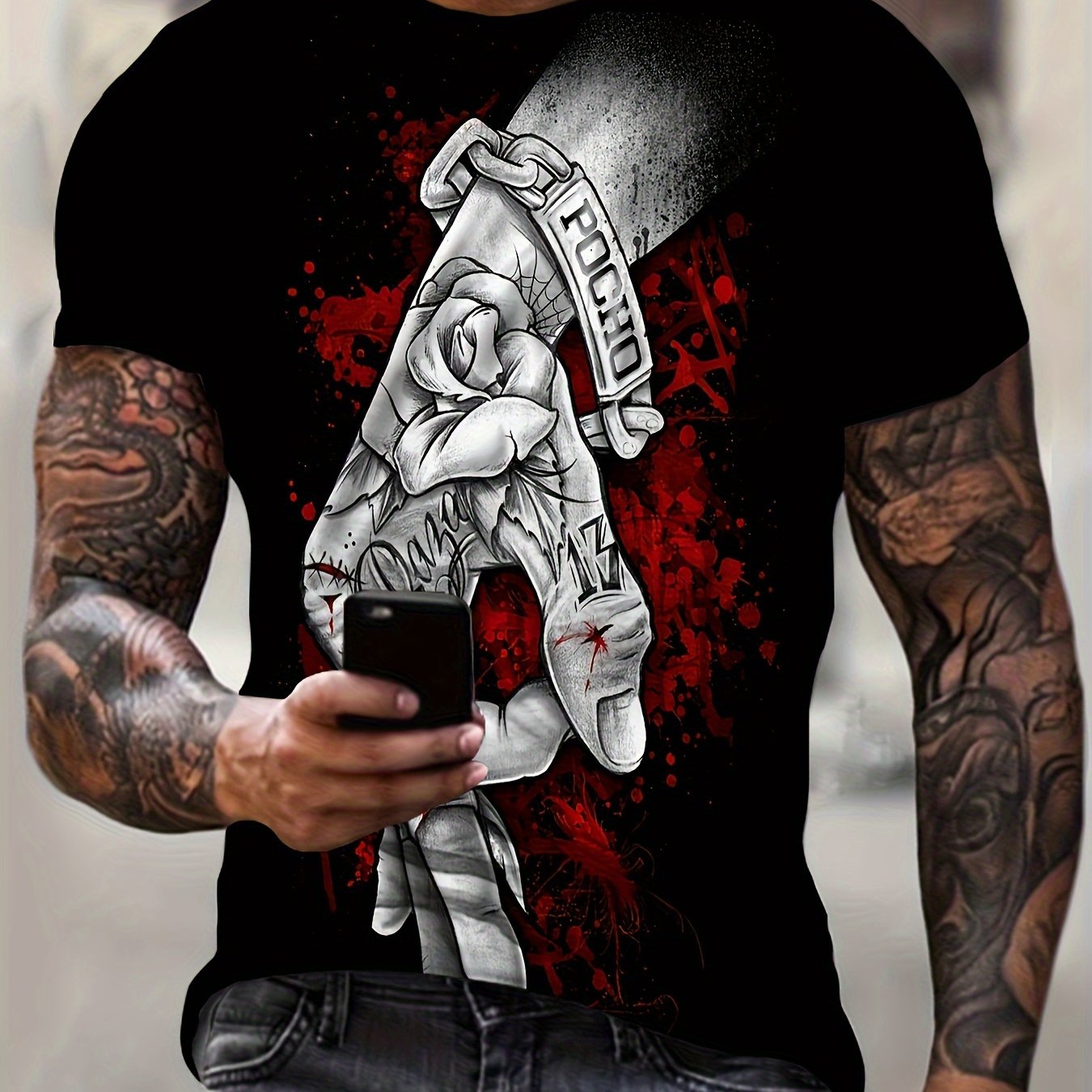 TEMU 2024 Street Hip Hop Style Men's Short Sleeve Full Print Digital Printing Summer Trend Neck T-shirt