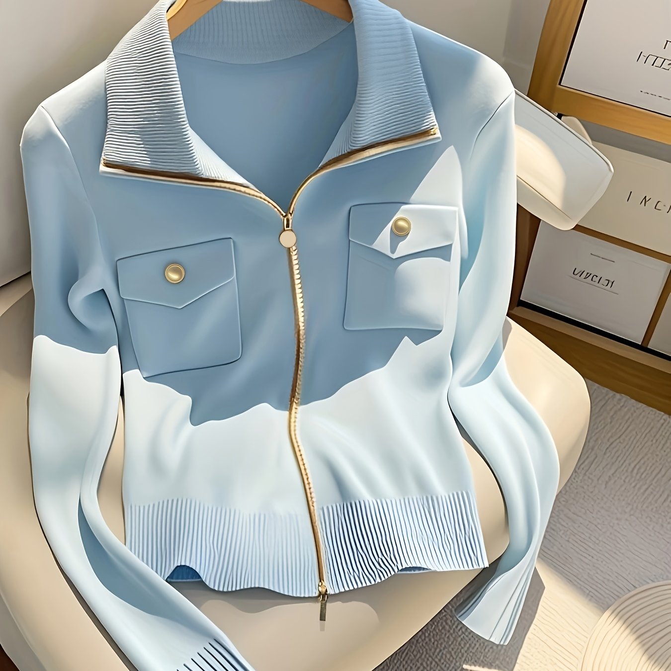 Image of Autumn Winter Special Statement Lapel Sweater Base Layer Cardigan Women' Design Niche Blue Long Sleeve Top Zipper Jacket Women