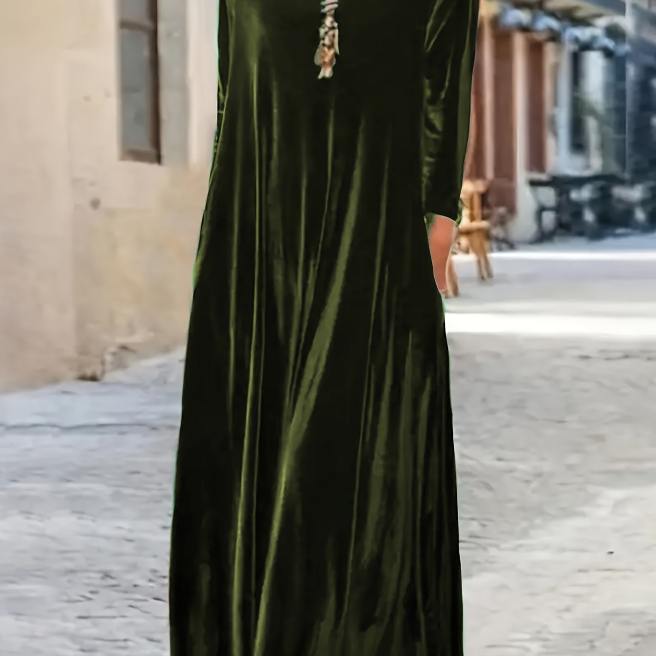 elegant plus size long sleeve velvet dress for women casual crew neck pockets comfortable stylish solid color thick fabric   fall winter plus size dress