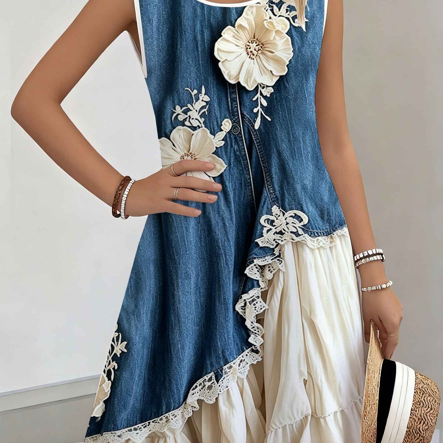 TEMU [printed Design - Non-real Texture] Women's Plus Size Sleeveless Dress, Round Neck Contrast Lace Design, Creamy Soft Skirt. Loose A-, And