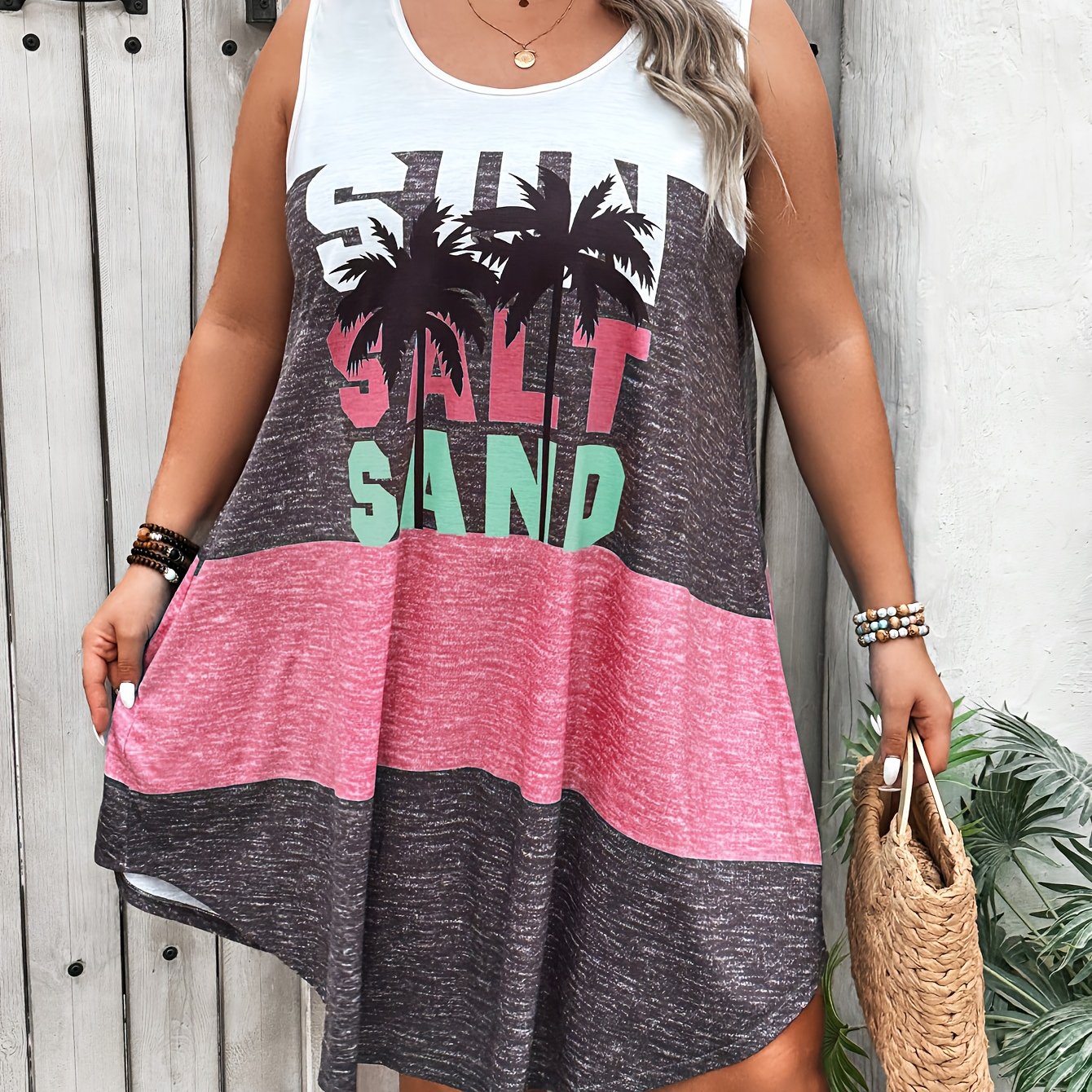 TEMU Plus Size - Plus-size Sleeveless Dress With A Design, Featuring Summer Beach-themed Prints. Loose And Casual With A Design, An Easy And