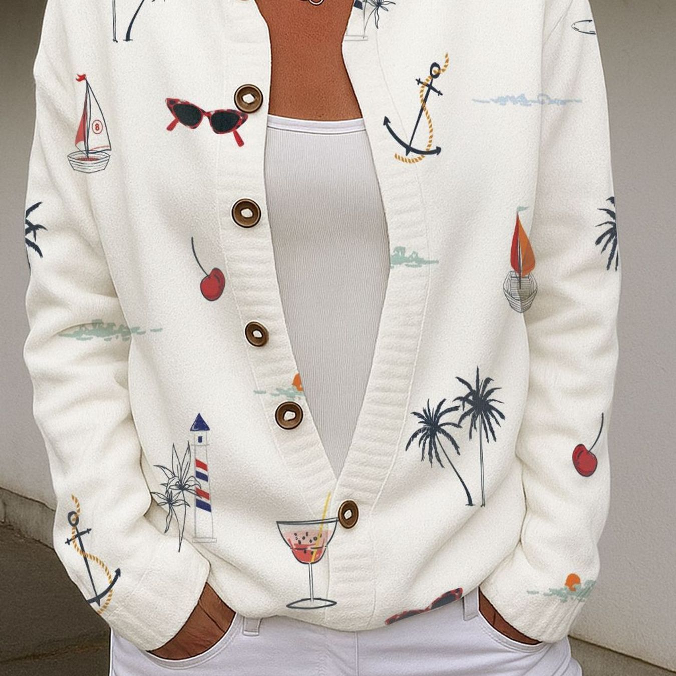 TEMU Light-colored Women's Cardigan Featuring Vibrant Nautical And Beach Designs (including Palm Trees, Sailboats, Anchors, A Lighthouse, Cocktail