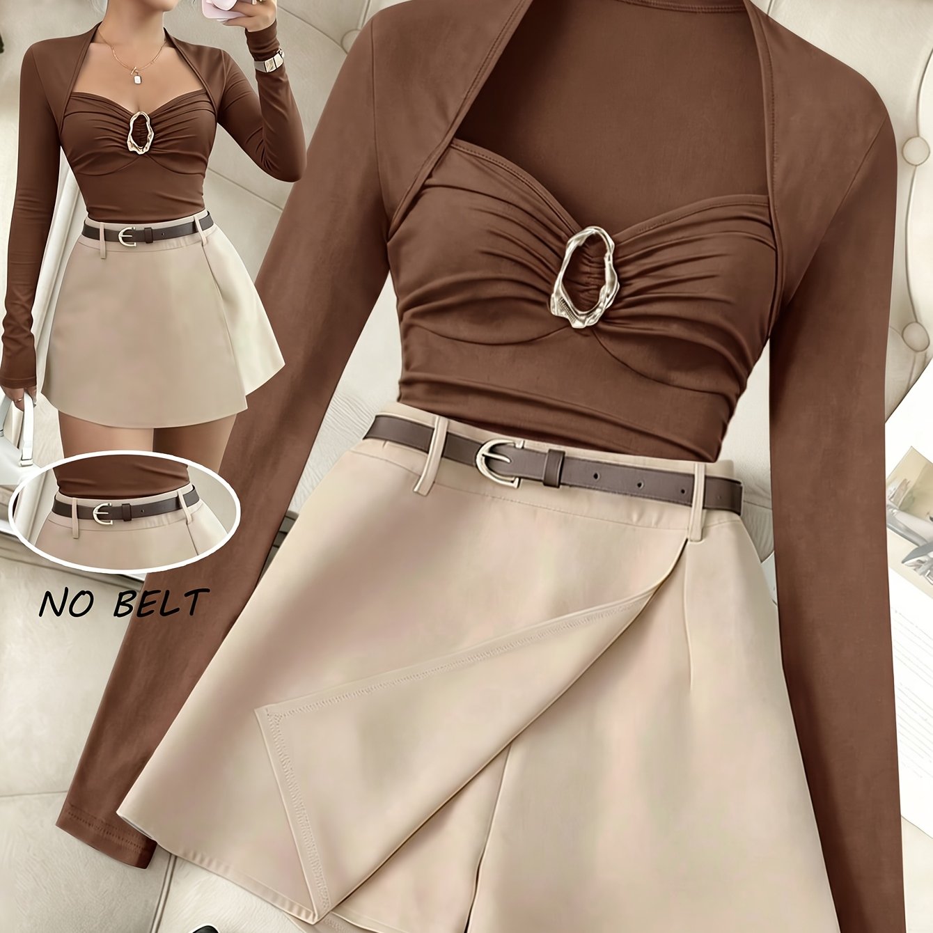 TEMU New Elegant Design Set, Square Neck Bust-contouring Slim Fit Long Sleeve T-shirt And Asymmetrical Tiered Skirt Shorts, Casual Sexy, Versatile