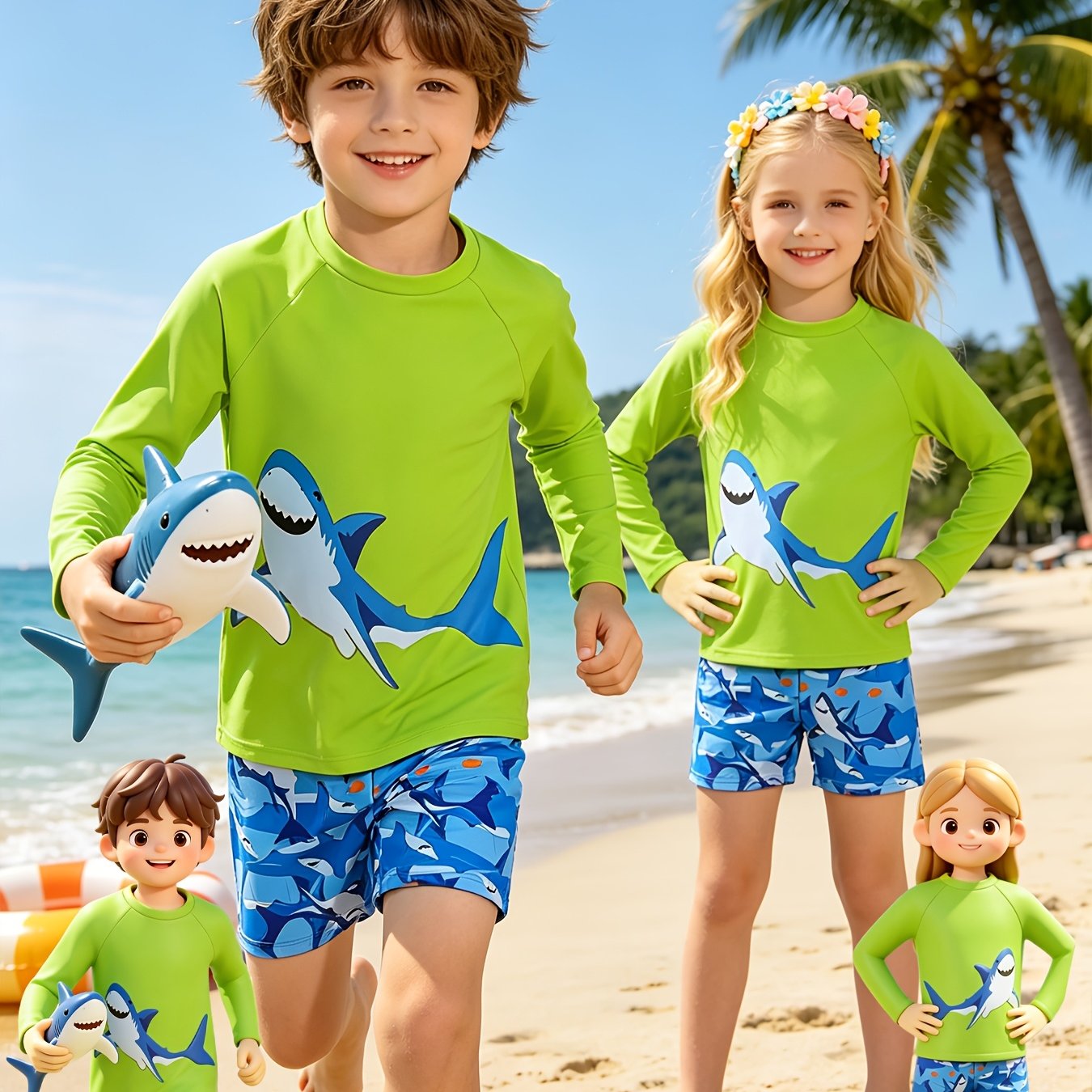 TEMU Print Boys' Spring Summer Beach Casual Long Sleeve Short Shorts Swimsuit Set
