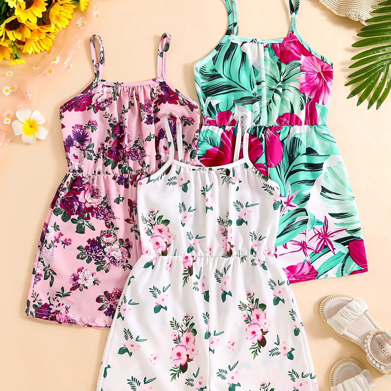 Image of 3pcs Girls' Clothing Overalls New Bohemian Casual Cami Overalls, Versatile Cami Pants, Suitable For Back-to-, Prom, Parties, Gatherings, Vacation, Beach Style, Casual Wear, For Outdoor