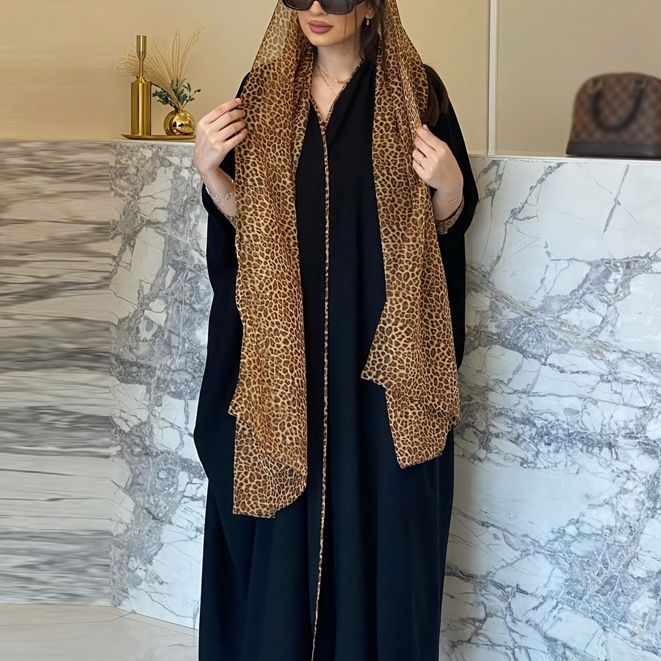 Middle Eastern Special Fashion Leopard Block Arabic Robe Black Abaya