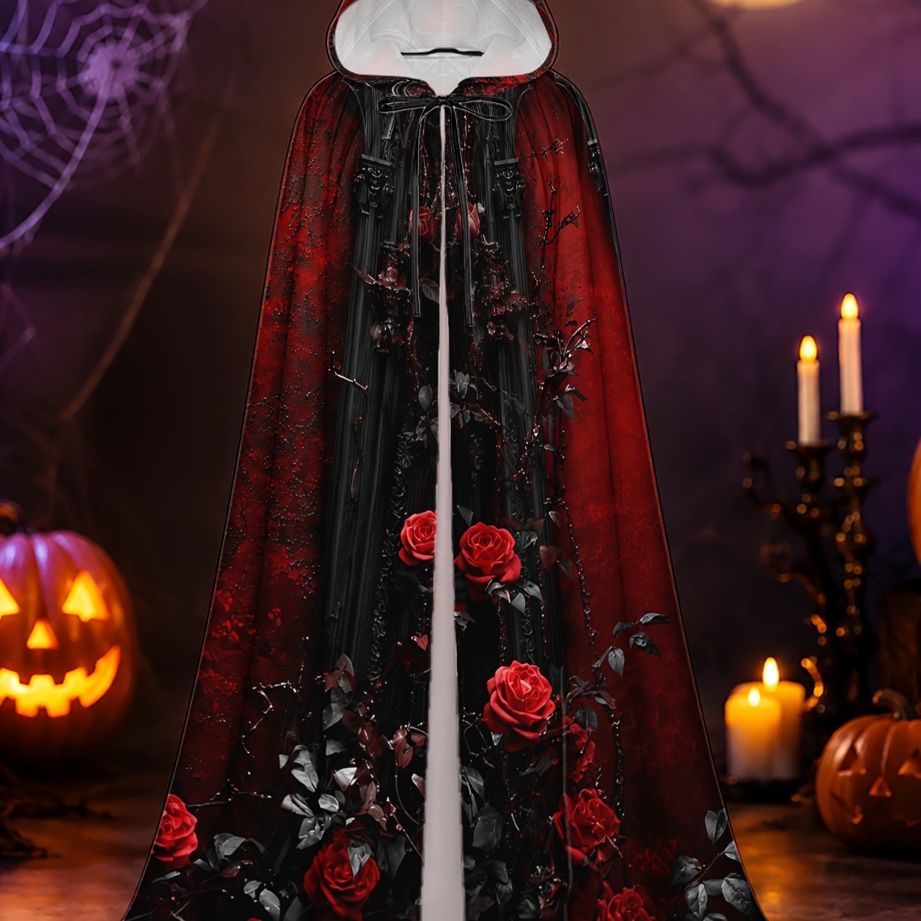 TEMU 1 cape longue en polyester avec motif gothique de roses rouges et d'arches, cape à capuche pour adultes, pour le cosplay des fêtes et les