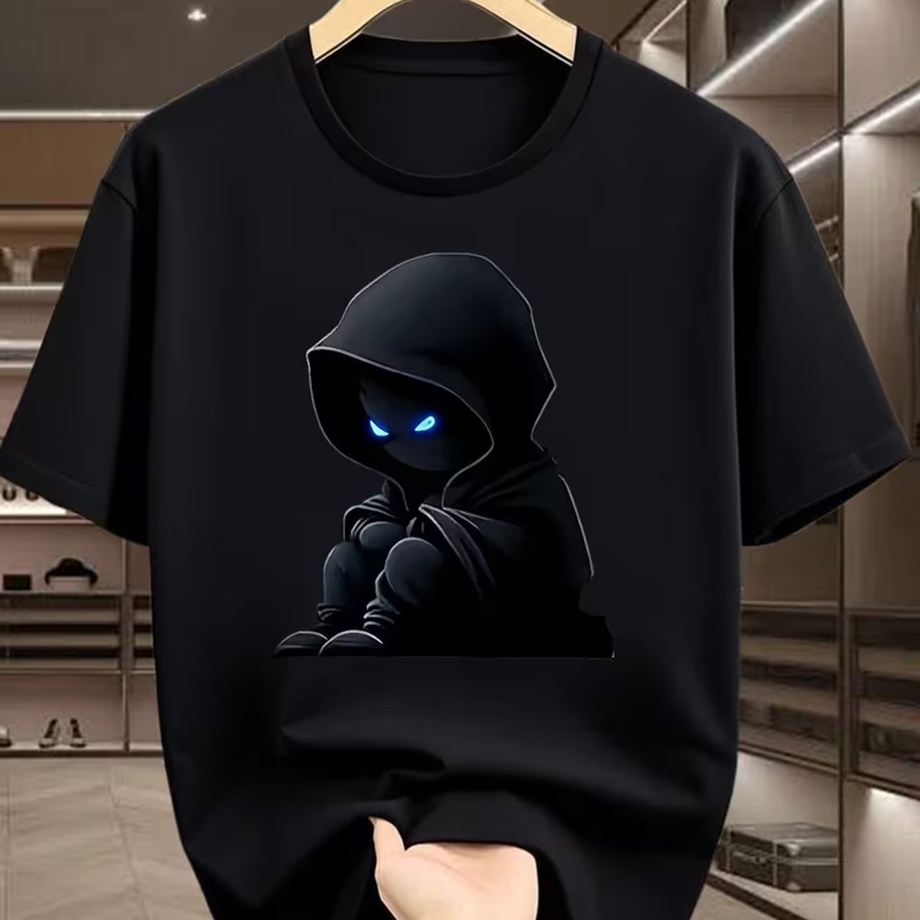 TEMU Unisex Summer Trendy Casual Sporty Top With Dark Hooded Figure Print, Men's Short-sleeve Cool And Mysterious Crew Neck T-shirt, Breathable And