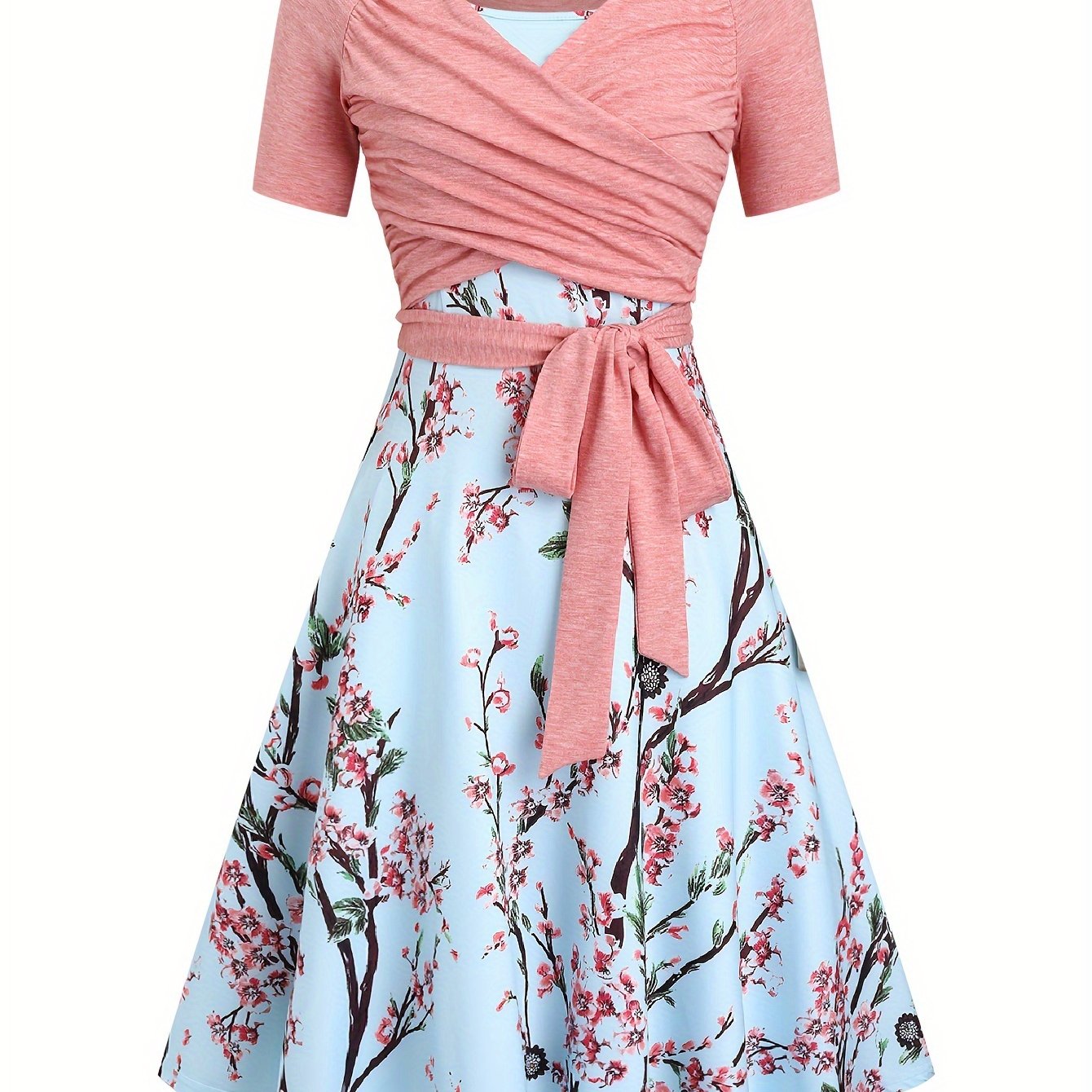 Printed A-line Vacation Vest Dress And Bow Shirt T-shirt 2pcs Set Summer Outfit