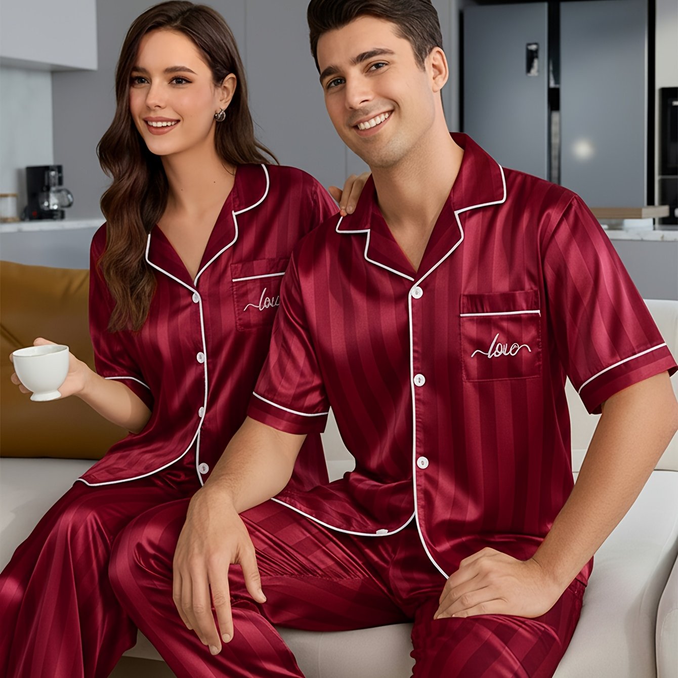 TEMU [men/women] Couple Style Men's Or Women's Y Striped Short-sleeve Pajama Set, Embroidered Love Pattern Button-up Short-sleeve Top And Pants,