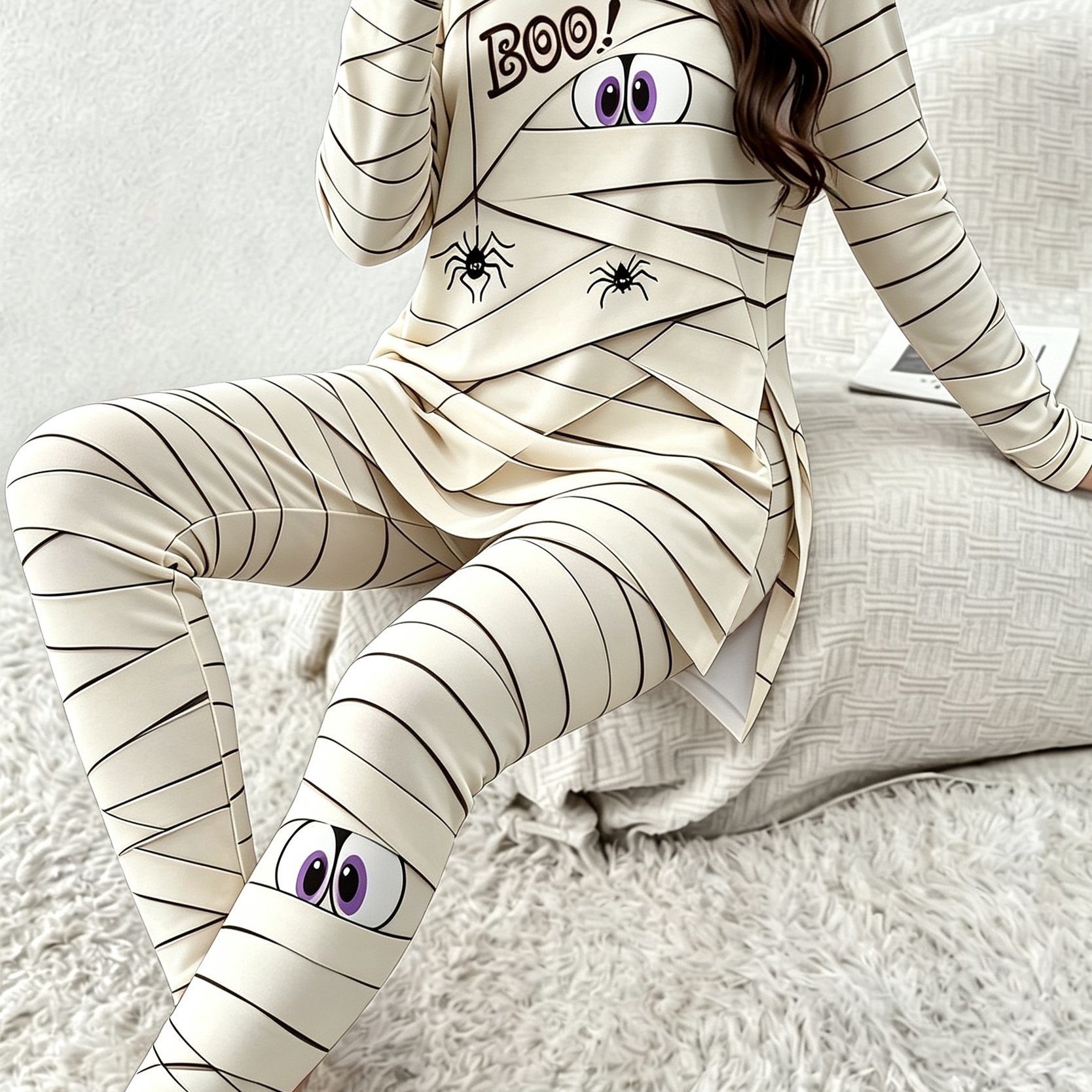 TEMU Printed Design – Not Textured Women's Halloween Boo Spider Pattern 2pcs Set, Long Sleeve Split Top And Stretch Leggings, Halloween Casual