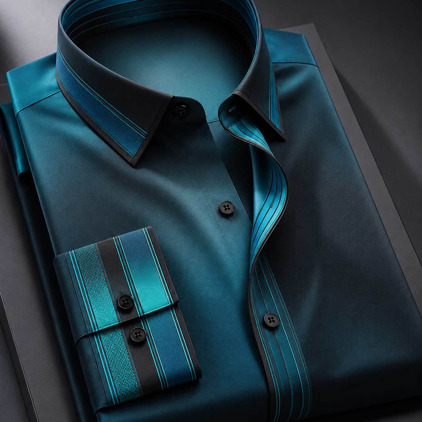 TEMU Summer '-button Collar Long Sleeve Shirt Teal Stripe Elegant Perfect For Business Meetings Formal Parties And Evening Events, Plus Size