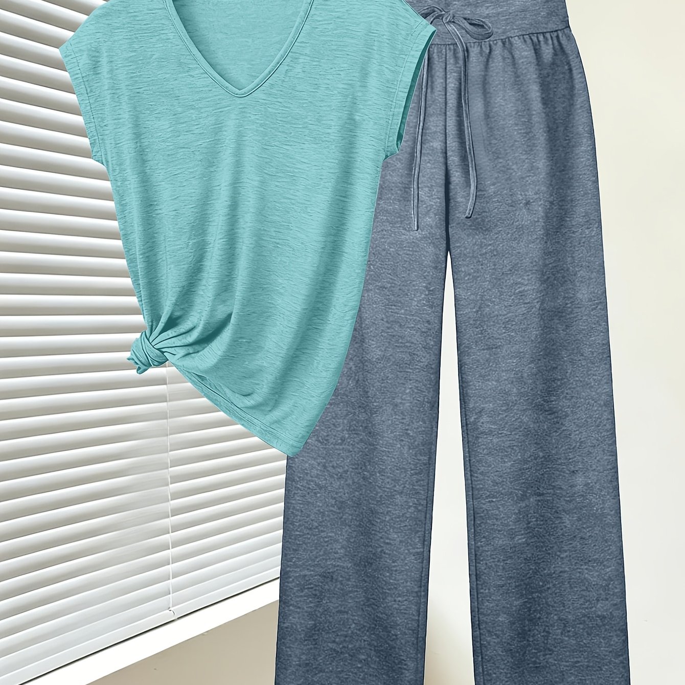 TEMU New Fashionable Women's V-neck Short-sleeve T-shirt, With Long Pants Set, Featuring A , , And Stretchy, Breathable, Machine-washable Fabric,