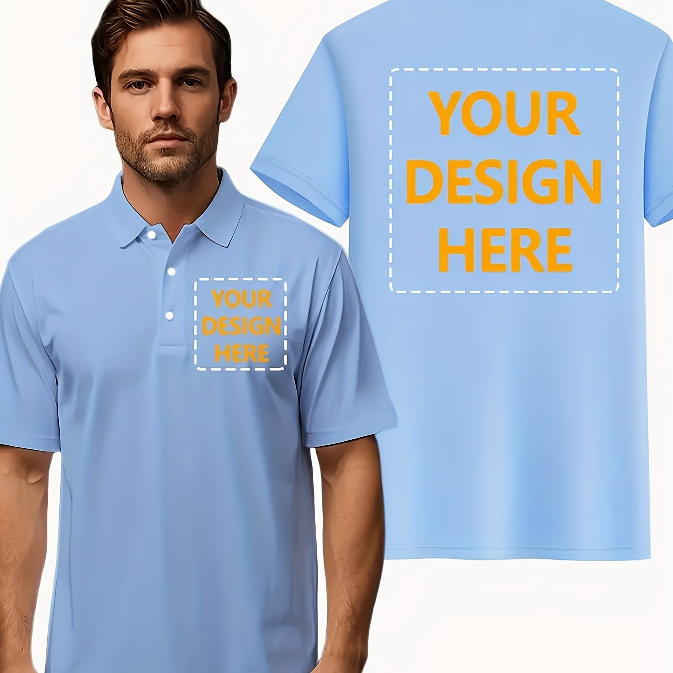 TEMU Custom Shirt - Personalized Logo And Photo Print, Black Short Sleeve Sports Shirt, Button-up Collar Design, Casual Golf Or Team Uniform