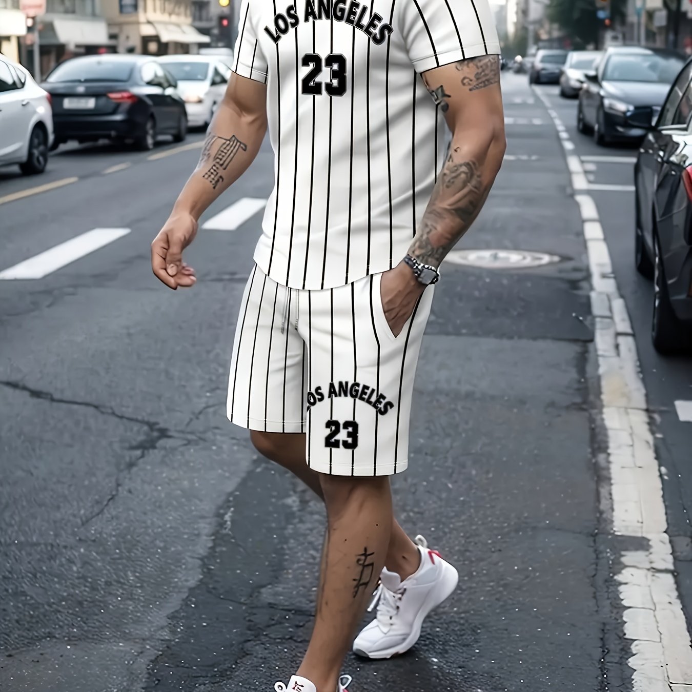 TEMU Set van 2 casual sportkleding voor heren met een Los Angeles 23 print, inclusief een gestreept T-shirt met korte mouwen en bijpassende shorts