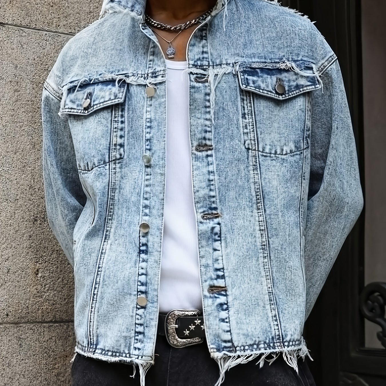 Image of [hme] Style Men's Casual Denim Jacket, Washed Fashion And Creative Fringed Design, Three-dimensional Cut And Form-fitting Fit, A Must-have For Y2k Fashion Outfits, Casual And Cool Men's Denim Jacket