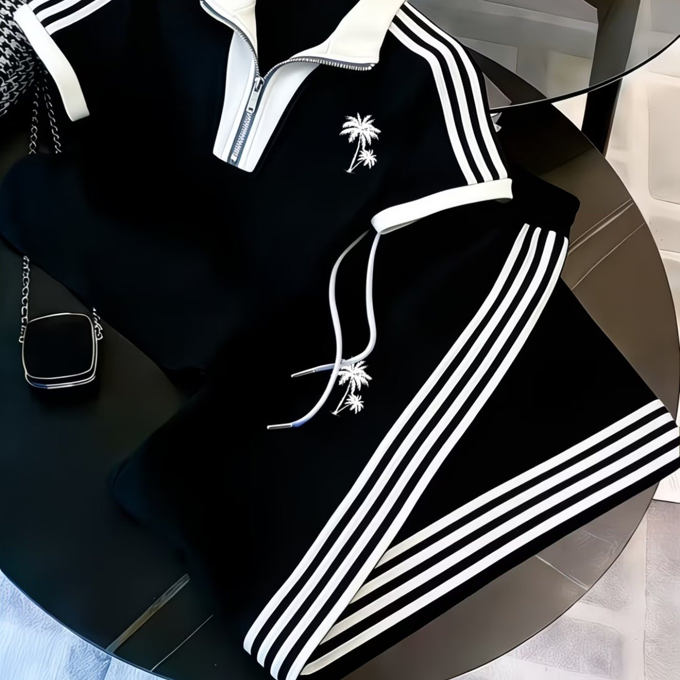 2026 New Zip-up Shirt Casual Sporty 2pcs Set - Geometric Collar Zip-up Shirt And Shorts, Perfect For Daily And Holiday Gifts