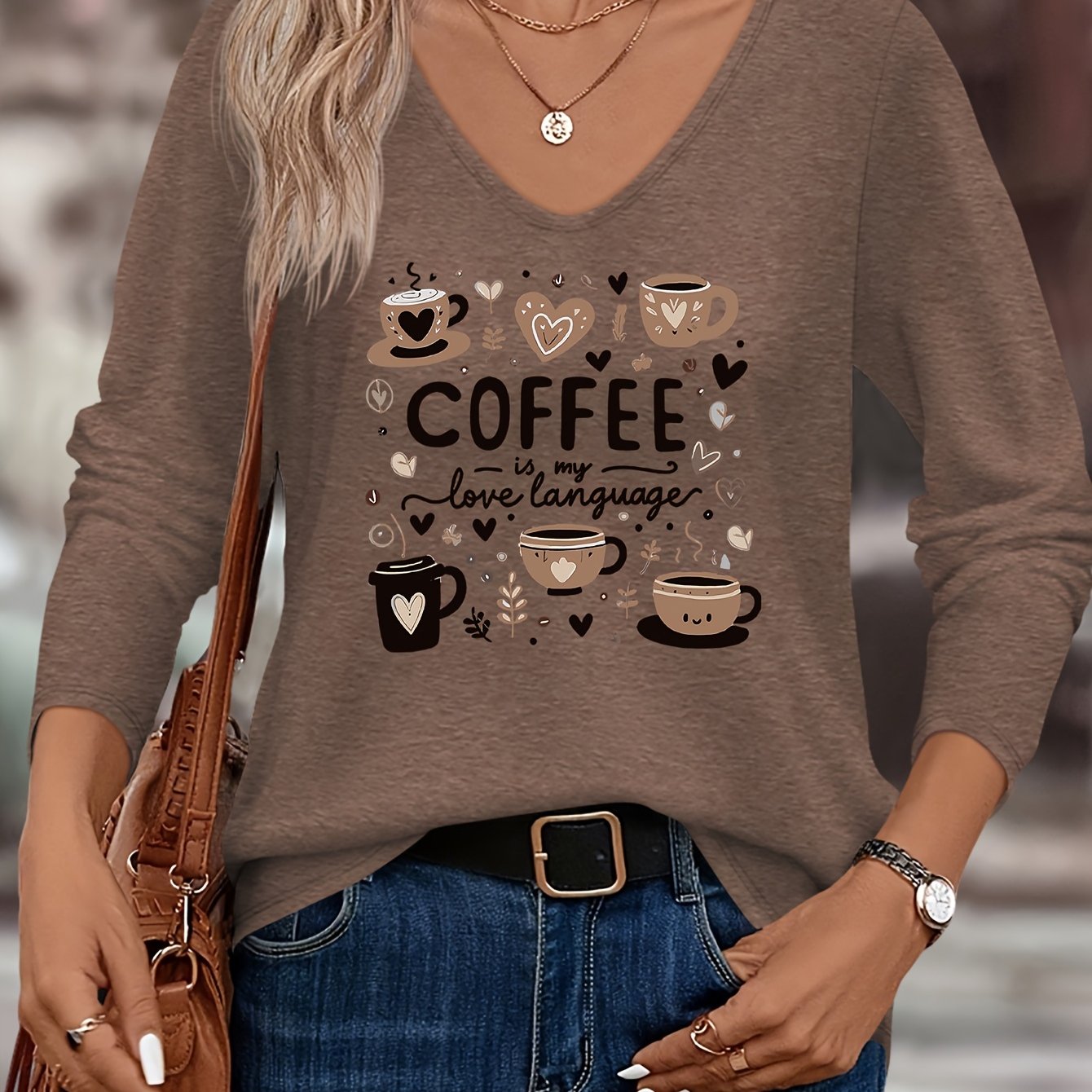 TEMU Coffee , A Patterned Top For Women, Perfect For Autumn And Winter, Casual And Stylish, Featuring A V-neck And Long Sleeves