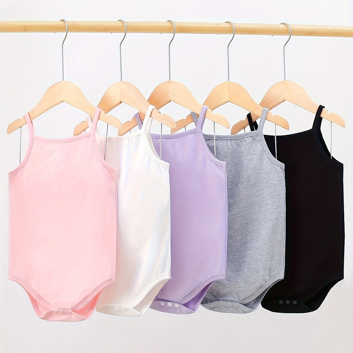 5pcs Unisex Baby Casual Knitted Comfortable Solid Color Romper With Straps And Snaps, Summer, Perfect For Outdoor