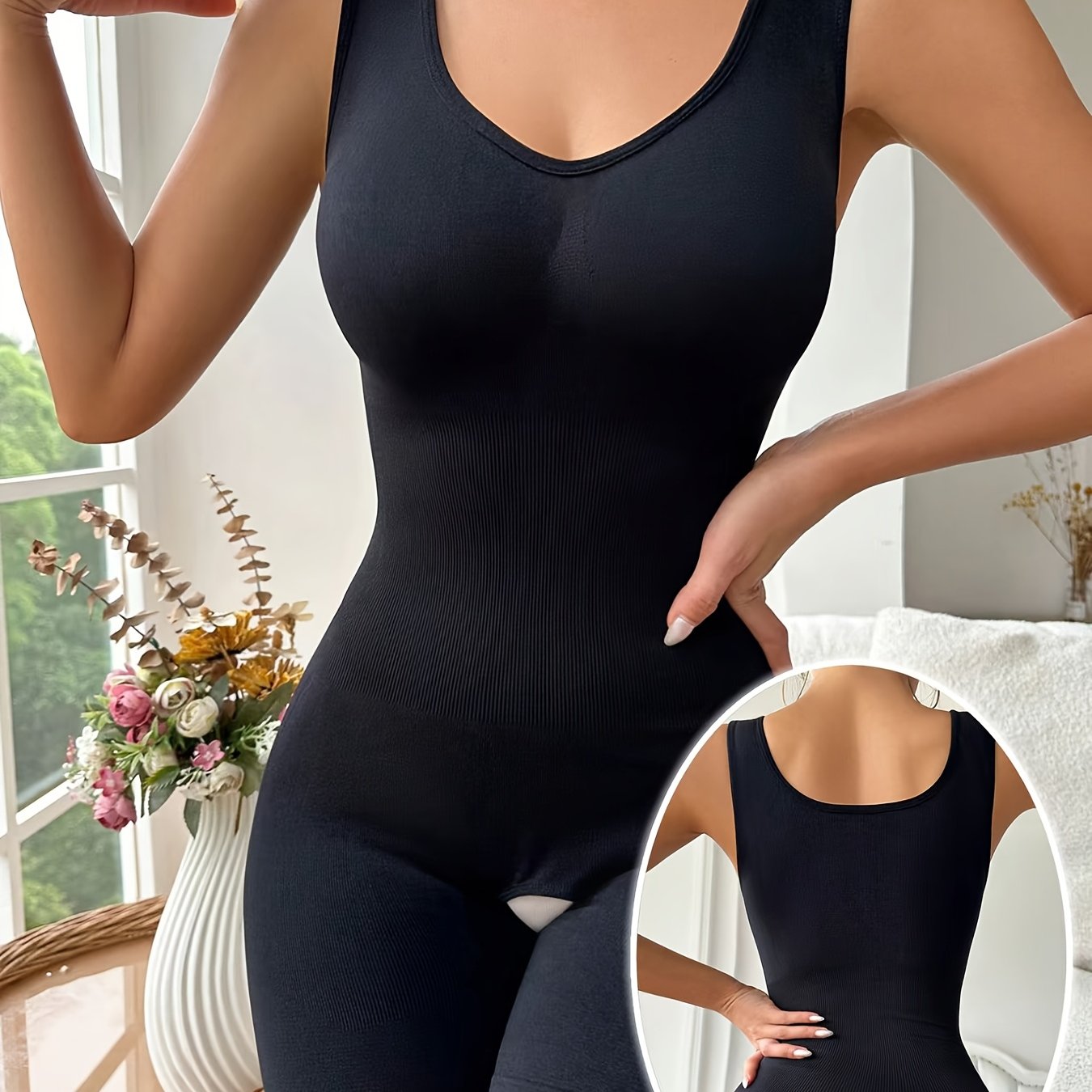Image of Women's Elegant Bodycon Bodysuit - High-waisted Tummy Control Short Shorts With Wide Shoulder Straps, No Padding, Mid-strength Support & Waistband - Solid & Casual Wear