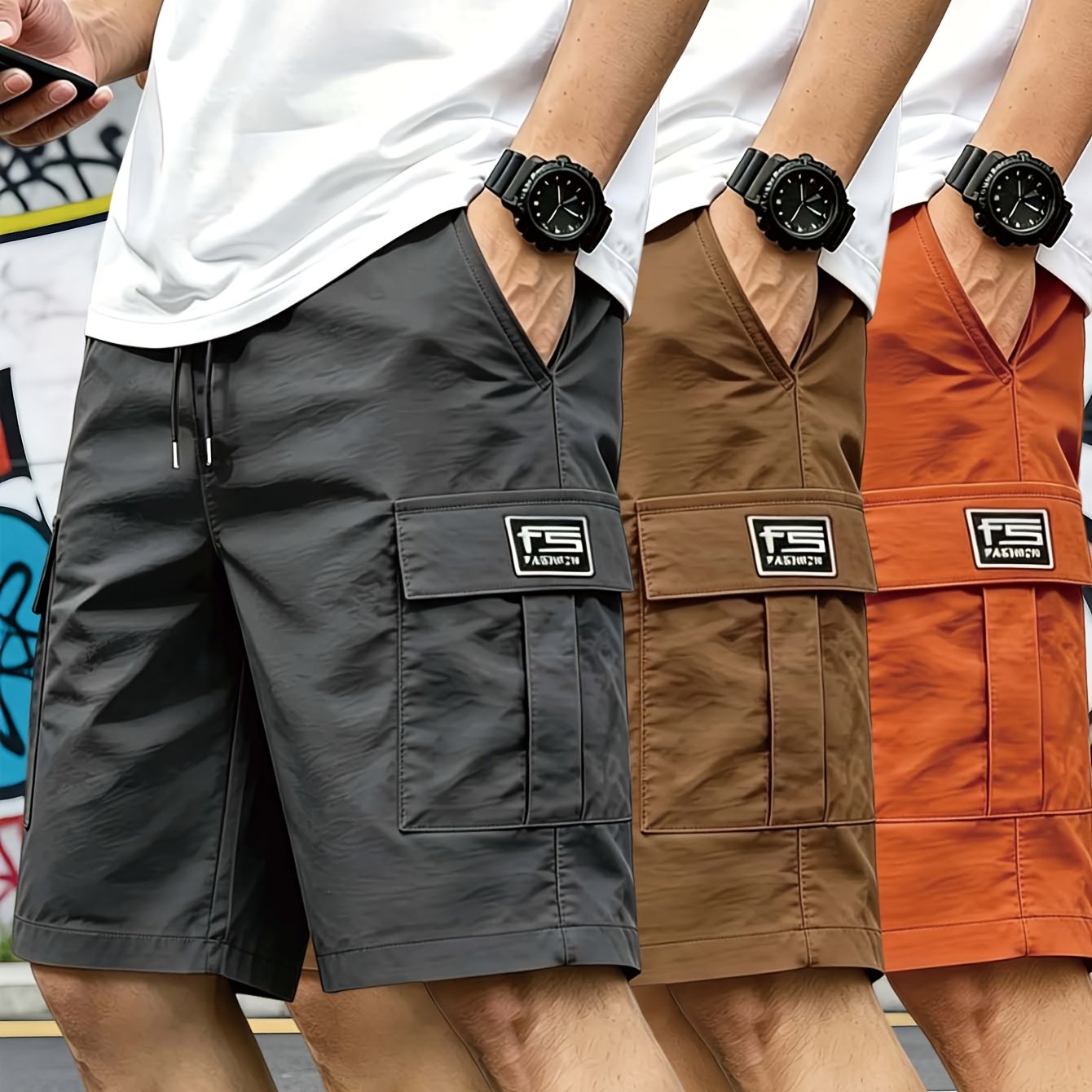 TEMU 3pcs Men's And Unisex Cargo Shorts - Relaxed Fit With Drawstring Waist, Multi-functional Pockets - Lightweight Non-stretch Polyester Fabric,