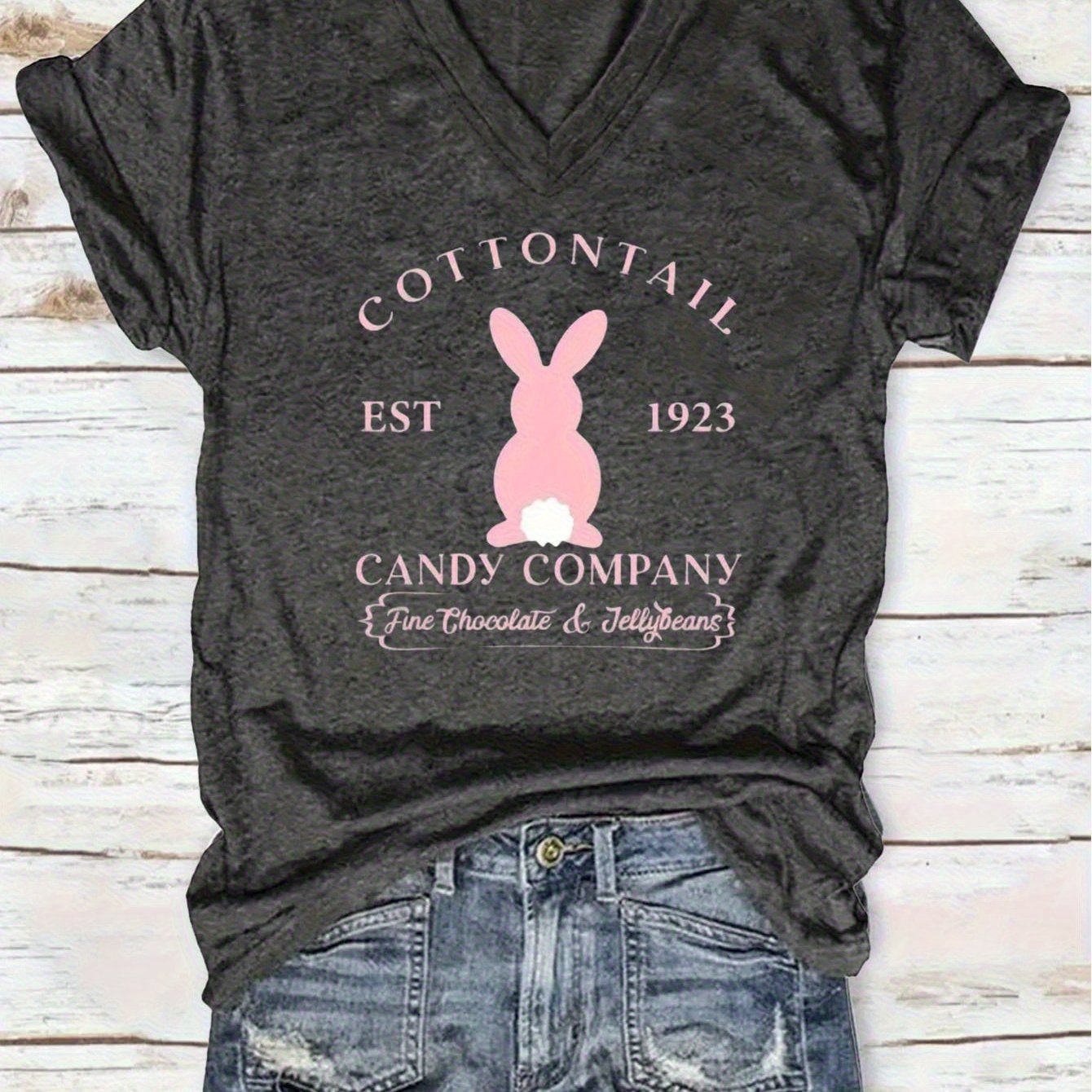 TEMU Plus Size, Summer Women's Top Fashion Women's T-shirt, Oversized T-shirt, Women's Easter Bunny And Letter Print V-neck T-shirt- Casual