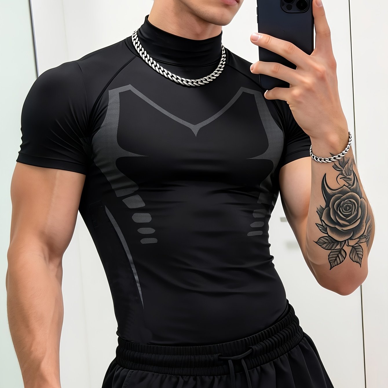 E-shop Herren Sport Oberteil mit hohem Kragen und Print, kurze Ärmel, Slim Fit, geometrische Bilder, geeignet für Sport, Laufen, Fitness, Radfahren,