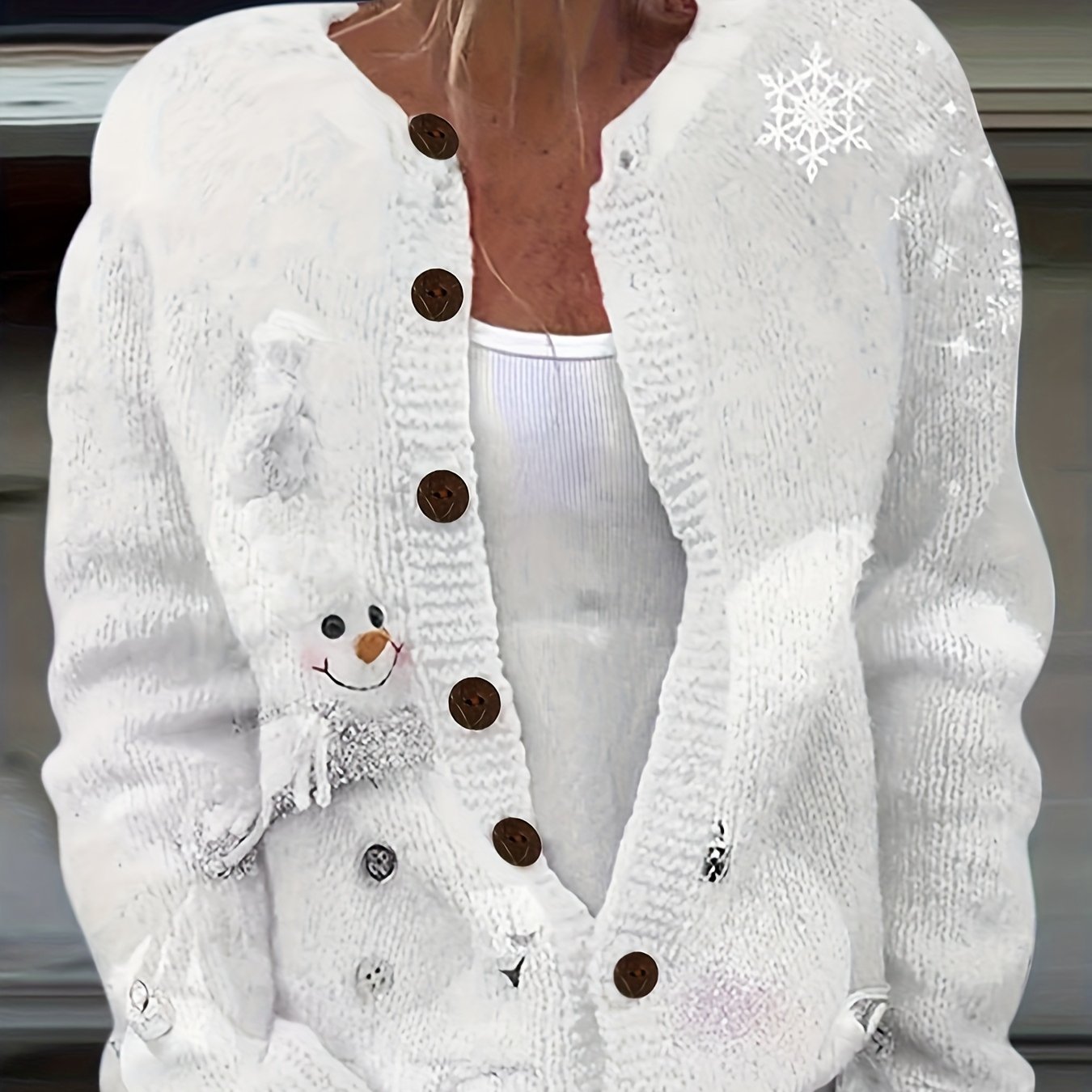 Image of Autumn Winter New Women's Christmas Snowman Artistic Pattern Print Style Round Neck Open Cardigan Sweater