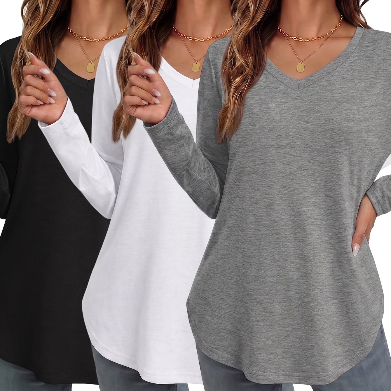 TEMU Ensemble de 3 pièces haut long pour femme, t-shirt décontracté ample et tendance avec fente latérale, t-shirt élégant et confortable à manches