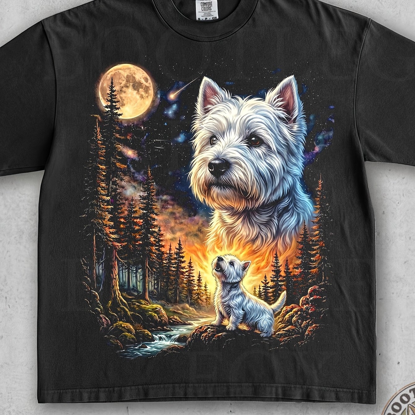 Image of Vintage West Highland Terrier Wild Forest Night Sky Art Top Cute Puppy Graphic Tee Modern Art Casual Vibe Fitness Workout Crossfit Motivation Outfit Gift For Athletes 180g Cotton Crew Neck Mens Tee
