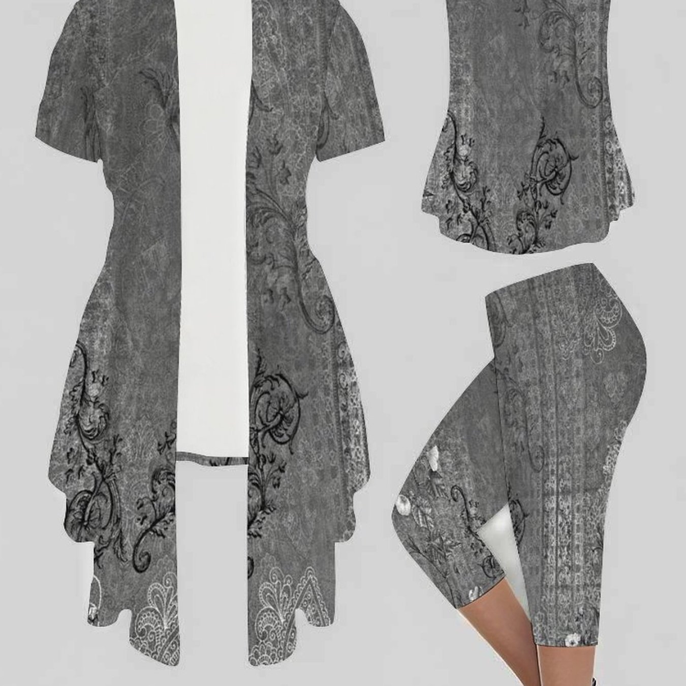 Image of 3pcs Plus Size Women's Elegant 3pcs Suit: Short Sleeve Jacket, Camisole Top & Cropped Capri Pants - Mix-and-match Botanical Floral Suit, Machine Washable - Outfit For, Semi-formal & Casual Wear