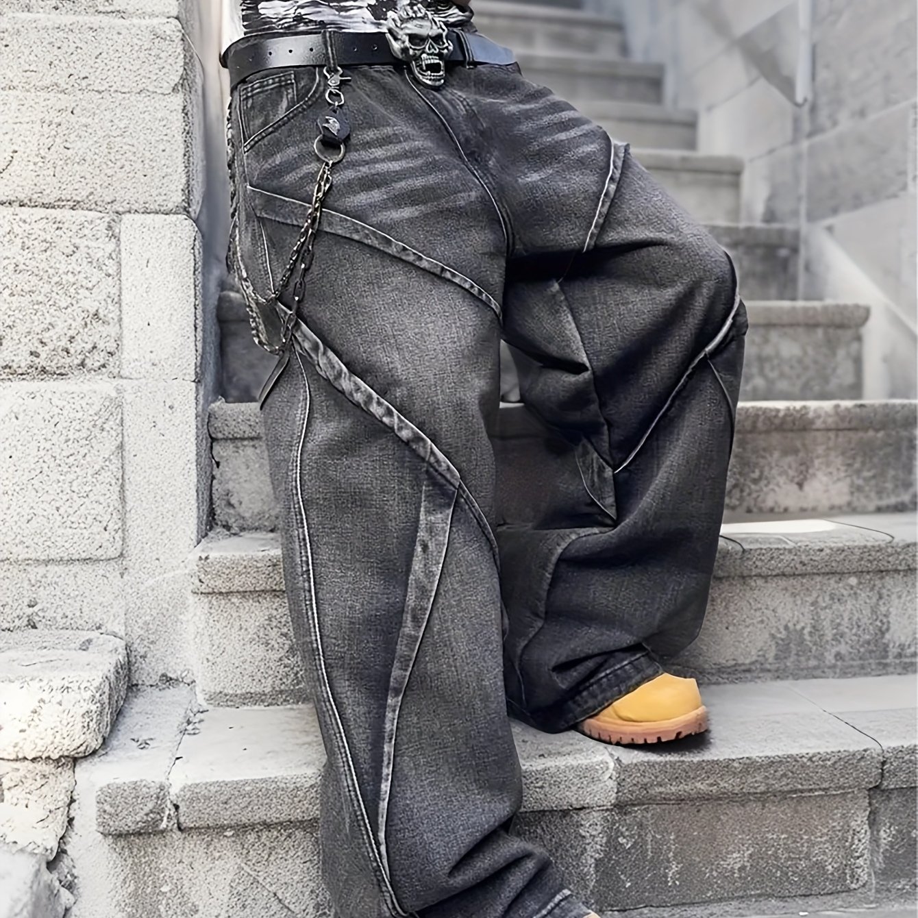 Image of A Pair Of Loose-fitting, , And Patched Denim Jeans With A Vintage Wash And Pleated Details In Style (belt And Additions Not Included)