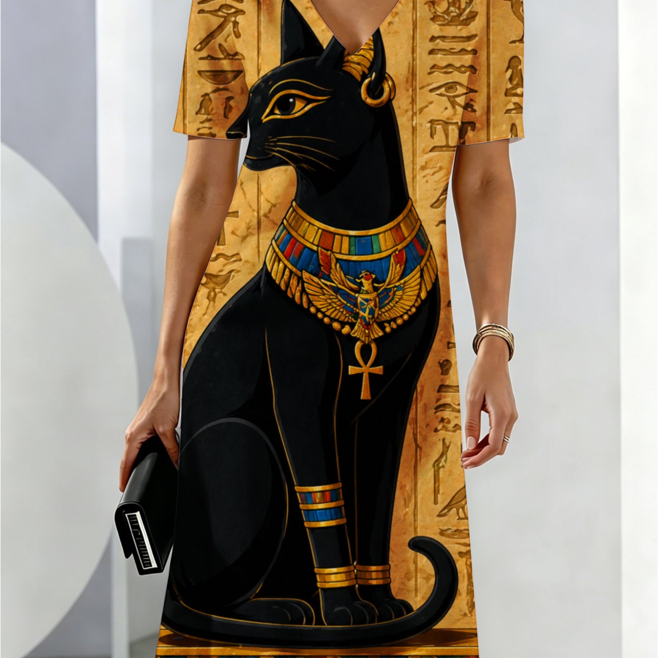 Women's Summer Dresses Egyptian Cat Hieroglyphics Pattern Dress Breathable And Comfortable Summer Wear Elegant Style Party Dress Deep V-neck