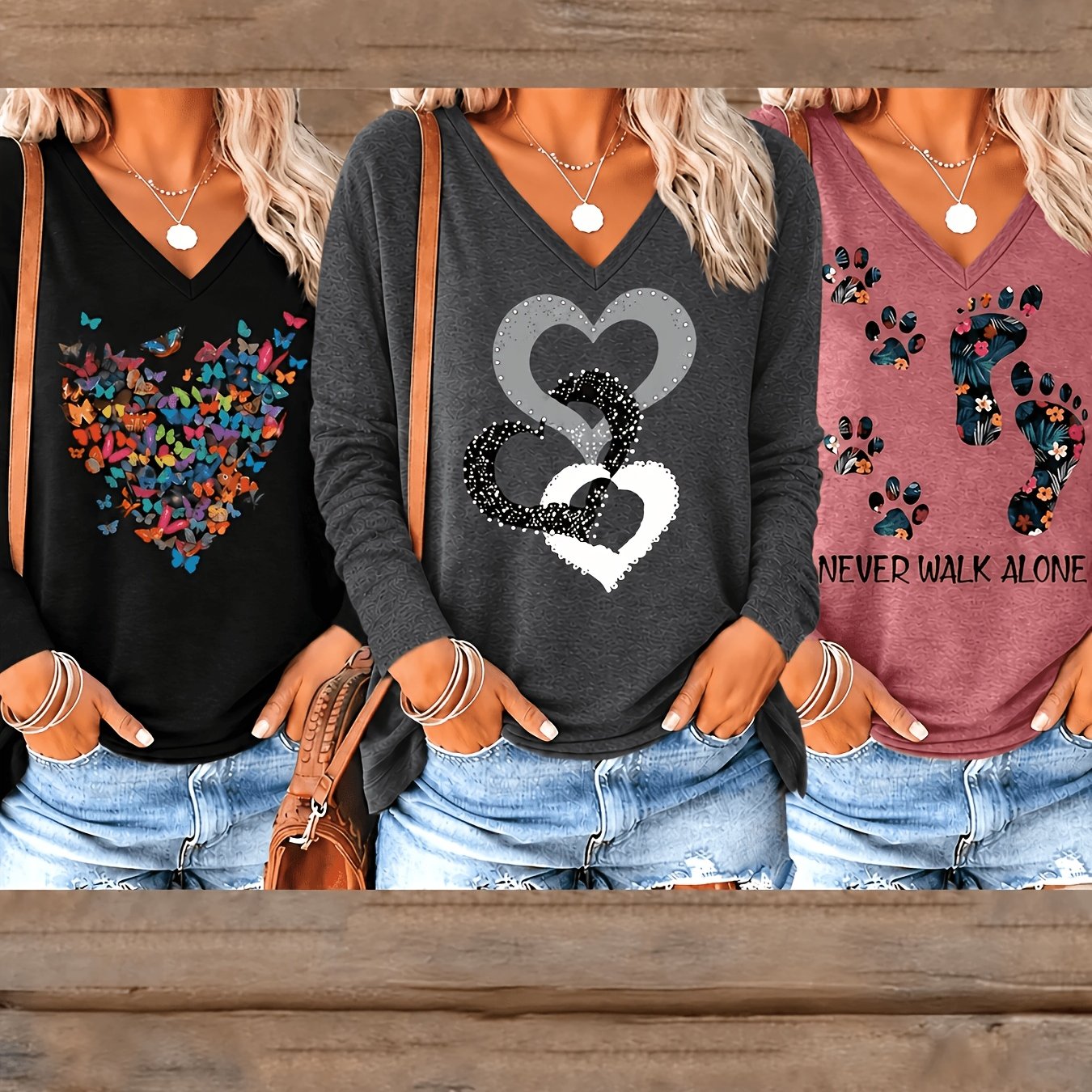 TEMU 3pcs Women's Casual Long Sleeve T-shirts- Spring And Autumn Geometric Print Round Neck Tops, Machine Washable, Black/, Comfortable Daily Wear,