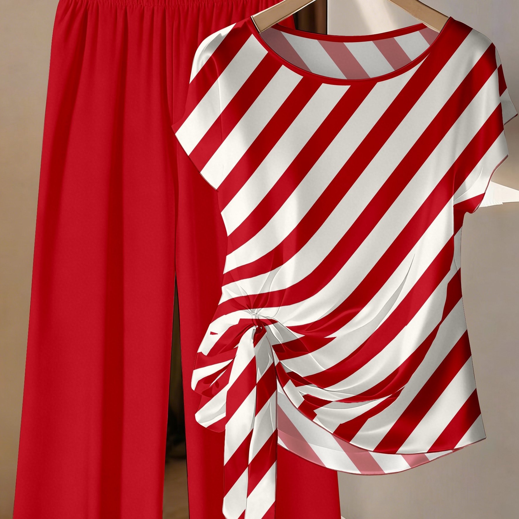 TEMU Elegant Women's 2pcs Set: Stylish Striped Print Top With Side Knot And Long Pants For Party Events, Summer Fashion Style, Women's 2pcs Outfit,