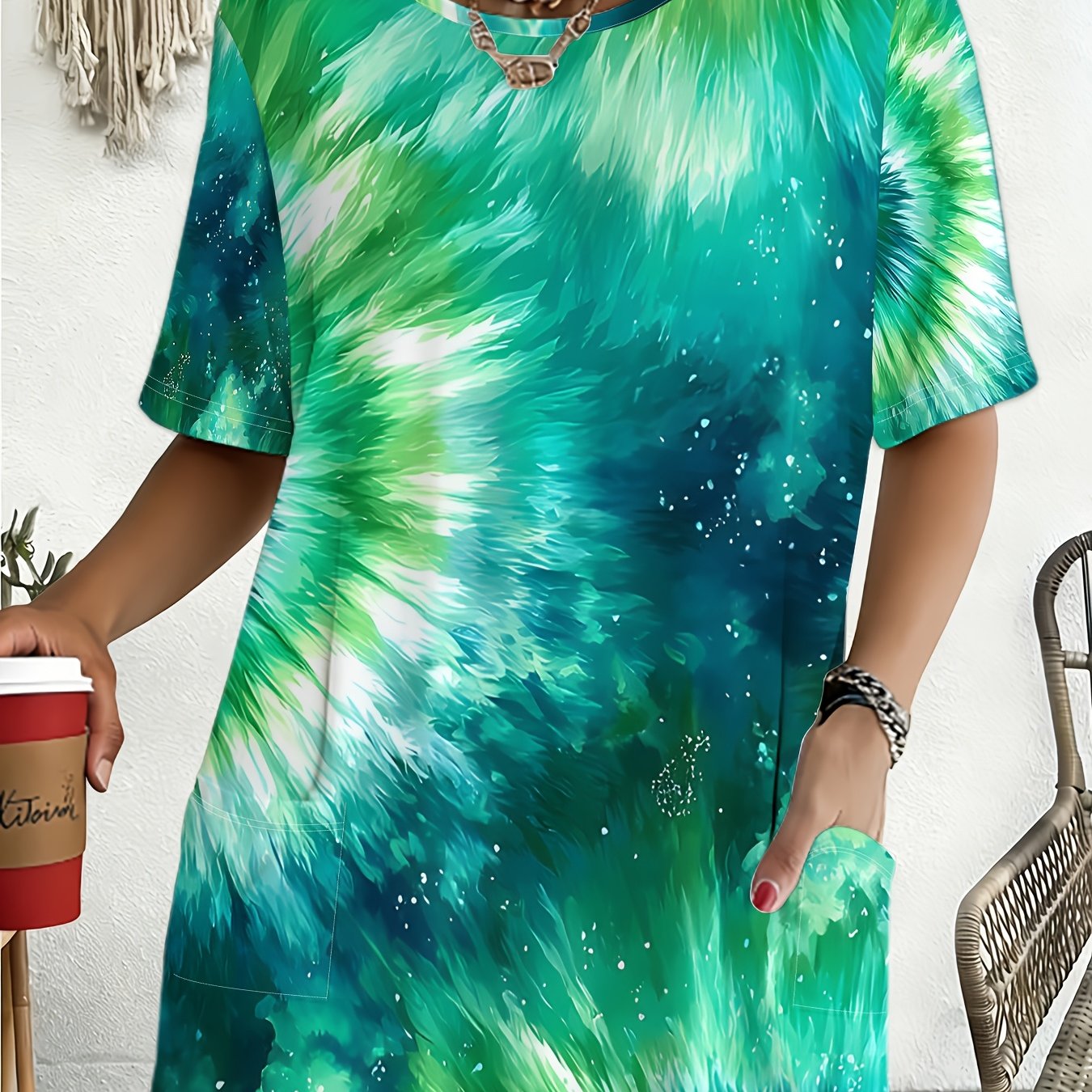 TEMU Plus Size Women's Summer Teal Tie-dye Smudged Starry Sky Casual Printed Short Sleeve Round Neck T-shirt With Pockets, Sporty And Comfortable Top