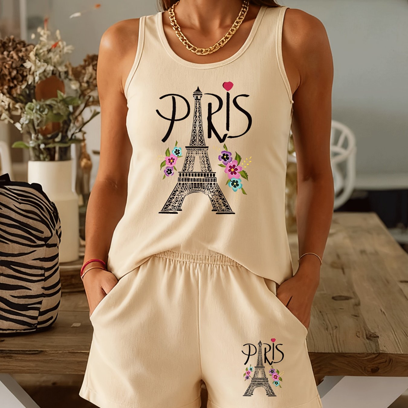 TEMU Floral Tank Top Two-piece Set In Multiple Colors, Sleeveless Shorts For A Romantic And Casual Outfit. Comfortable Women's Fashion Wear - Soft,