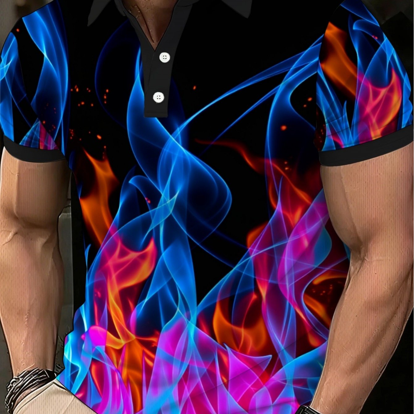 TEMU Men's Polyester Shirt, Featuring A Vibrant Flame , Is Lightweight And Durable, Perfect For Casual Activities At Restaurants Or At Home, With A