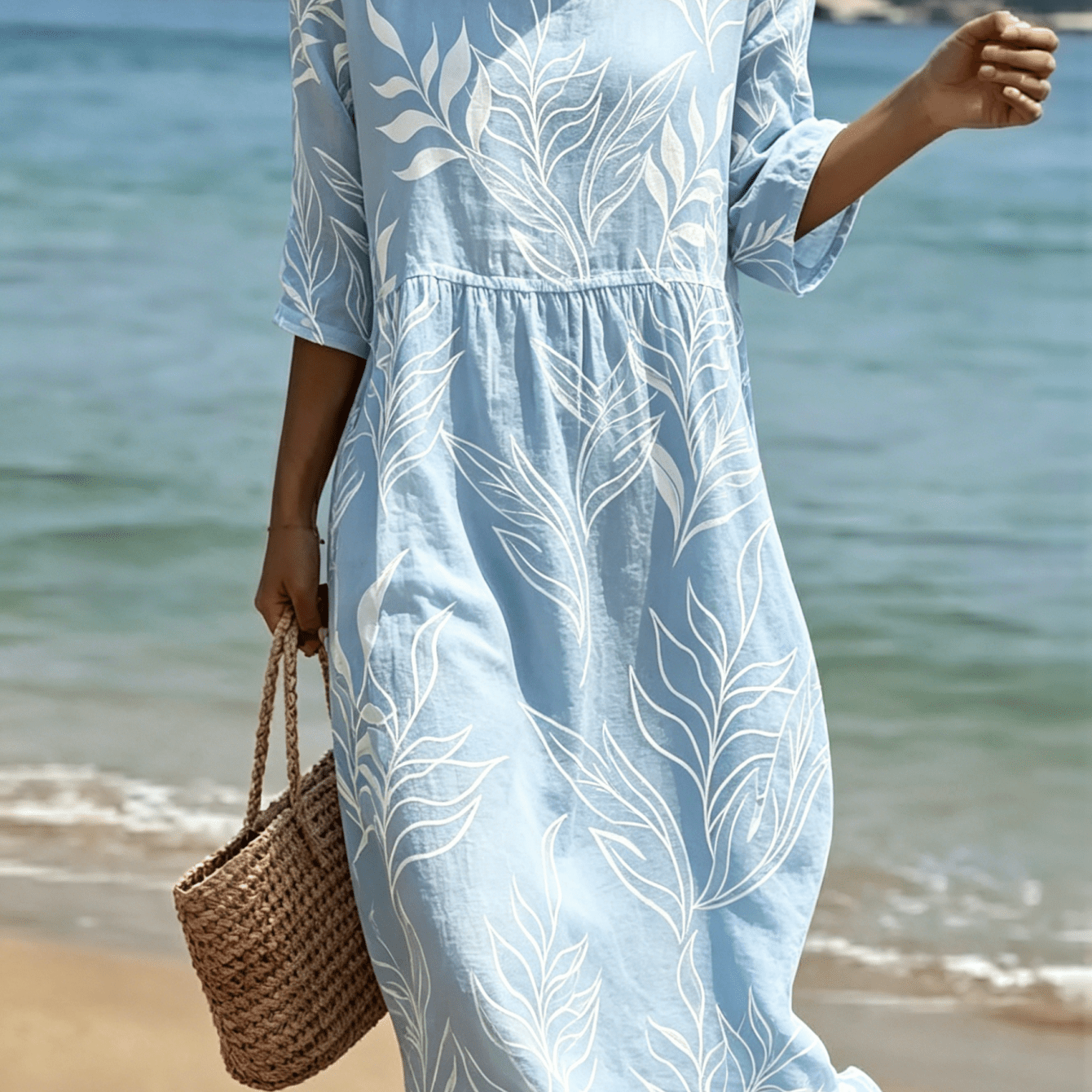 Image of Women' Leaf Print -line Dress - Round Neck Beach Dress With Full- Color, Machine Washable Polyester Suitable For Summer Vacations, Casual Outfits, Casual Attire & Weekend Trips