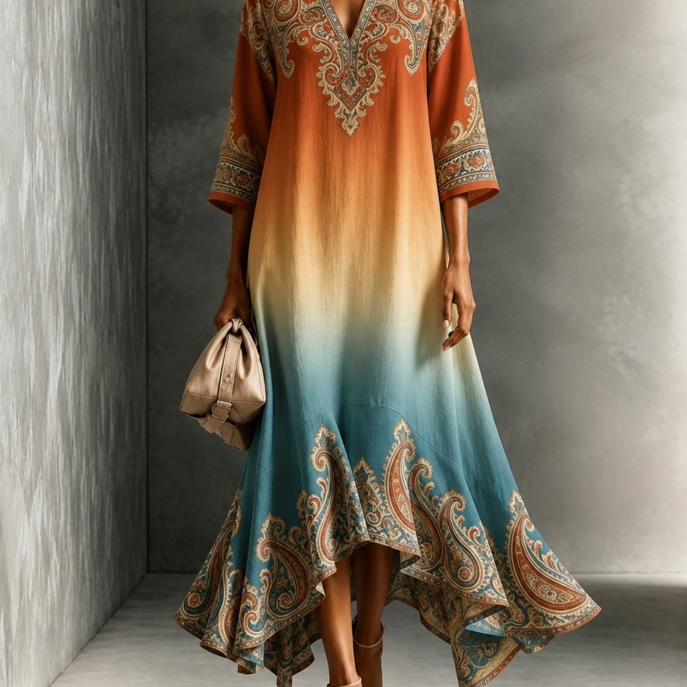 Image of Vintage Gradient Paisley Print V Neck Irregular Flared Maxi Dress 3/4 Sleeve Women Dress Wear Spring Summer Autumn Leisure Female Outfit
