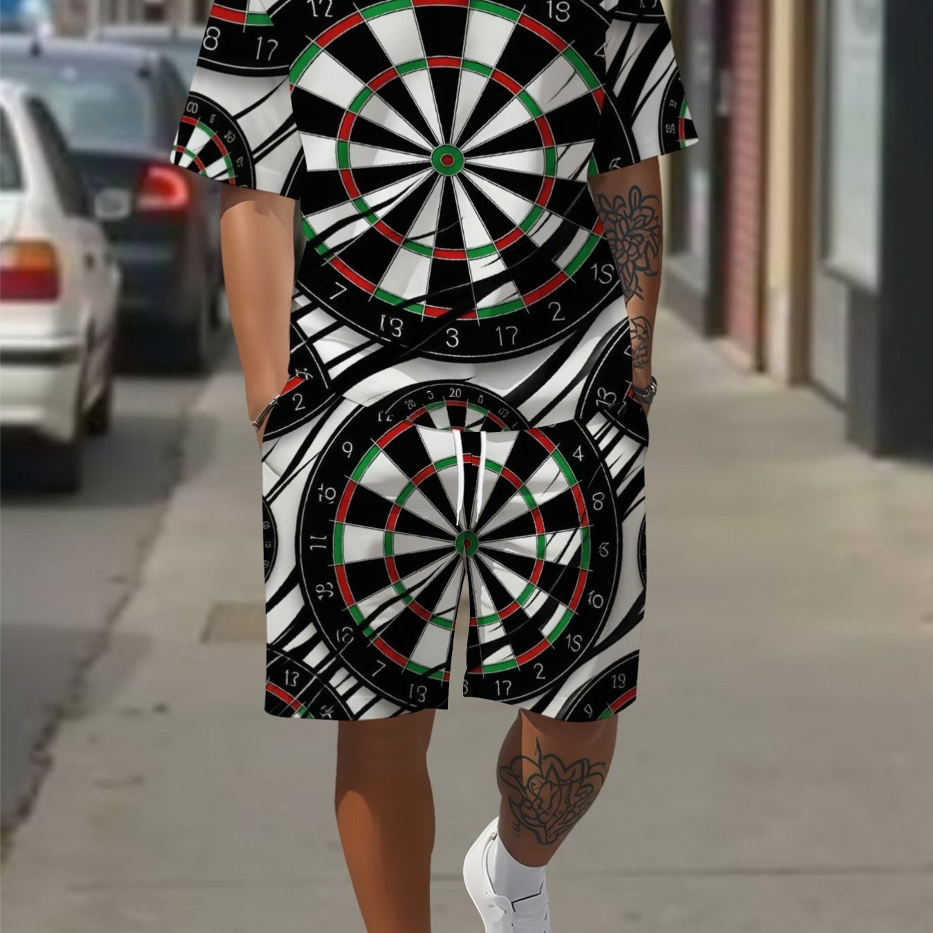 TEMU Summer Casual Men's Fashion T-shirt Shorts Set T-shirt And Shorts Set Black And White Dartboard Silver Darts