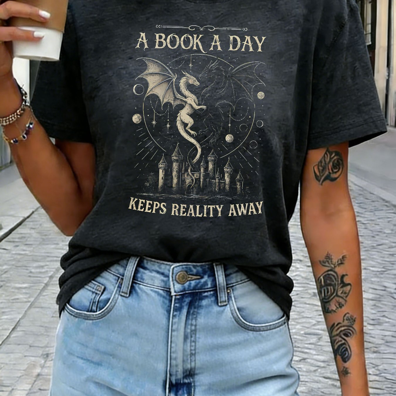 TEMU Women's Dragon & Castle T-shirt - "a Book A Day Reality Away" Short Sleeve Crew Neck Top With Dragon Print, Casual Summer Blouse Suitable For